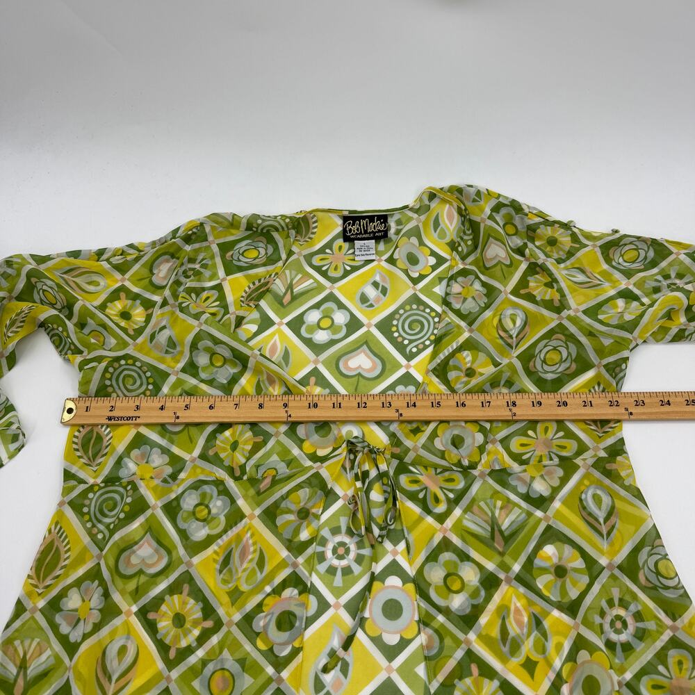BOB MACKIE Art To Wear Silk Sheer Layer Sz L Tie Front 3/4 Flutter Sleeve Kimono - Picture 9 of 10